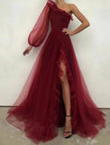 Niulatu A line One Shoulder Long Sleeve Burgundy Slit Evening Dress Prom Dress HZ1110