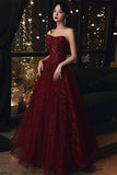 Niulatu Tulle Long Lace Prom Dresses, Wine Red Tulle Long Lace Formal Evening Dress HZ1110