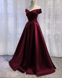 Niulatu A line Off The Shoulder Burgundy Satin Evening Dress Prom Dress HZ1110