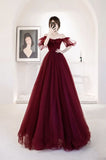 Niulatu Tulle Long Prom Dresses Wine Red Tulle Formal Evening Dress HZ1110