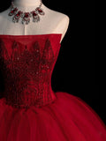 Niulatu Ball Gown Strapless Burgundy Tulle Evening Dress Prom Dress HZ1110