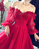 Niulatu A Line Long Sleeves Red Burgundy Tulle Ankle Length Prom Dress HZ1110