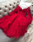 Niulatu A Line Long Sleeves Red Burgundy Tulle Ankle Length Prom Dress HZ1110