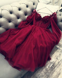 Niulatu A Line Long Sleeves Red Burgundy Tulle Ankle Length Prom Dress HZ1110