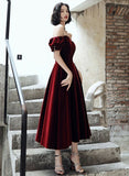 Niulatu A Line Off The Shoulder Burgundy Velvet Evening Dress Prom Dress HZ1110