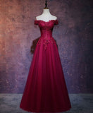 Niulatu A Line Off The Shoulder Burgundy Tulle Evening Dress Prom Dress HZ1110