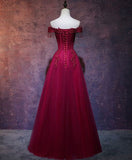 Niulatu A Line Off The Shoulder Burgundy Tulle Evening Dress Prom Dress HZ1110