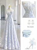Niulatu A Line Halter Sleeveless Light Sky Blue Lace Long Prom Dress HZ1110