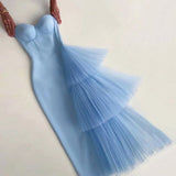 Niulatu Mermaid Strapless Satin Light Sky Blue Long Prom Dress HZ1110