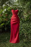 Niulatu Mermaid Straps Satin Red Long Prom Dress HZ1110