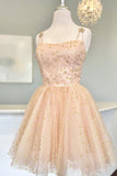 Niulatu Pink A-Line Tulle Homecoming Dress With Gold Stars HZ1110