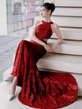 Niulatu Mermaid Halter Red Sequin Long Prom Dresses HZ1110