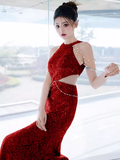 Niulatu Mermaid Halter Red Sequin Long Prom Dresses HZ1110