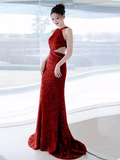 Niulatu Mermaid Halter Red Sequin Long Prom Dresses HZ1110