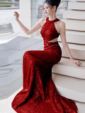 Niulatu Mermaid Halter Red Sequin Long Prom Dresses HZ1110