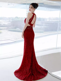 Niulatu Mermaid Halter Red Sequin Long Prom Dresses HZ1110