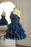 Niulatu Navy One Shoulder Appliques Multi-Layers Tulle Homecoming Dress HZ1110