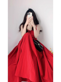 Niulatu A Line Spaghetti Straps Red Backless Ruffles Long Prom Dresses Birthday Outfits SD510