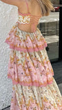 Niulatu A Line Spaghetti Straps Floral Pink Backless Long Prom Dress HZ1110