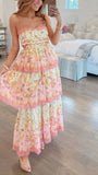 Niulatu A Line Spaghetti Straps Floral Pink Backless Long Prom Dress HZ1110