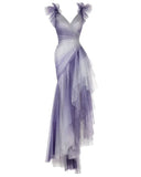 Niulatu Mermaid Spaghetti Straps Tulle Grape And White Long Prom Dress HZ1110