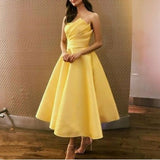 Niulatu Gown Strapless Satin Yellow Ankle Length Homecoming Dress Birthday Dresses HZ1110