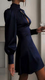Niulatu A Line High Neckline Long Sleeves Navy Blue Homecoming Dress 18th Birthday Outfit HZ1110