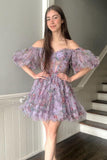 Niulatu A Line Off the Shoulder Printed Homecoming Dress Party Dress HZ1110