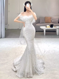 Niulatu Mermaid Off The Shoulder Long Sequin White Wedding Dresses HZ1110