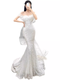 Niulatu Mermaid Off The Shoulder Long Sequin White Wedding Dresses HZ1110