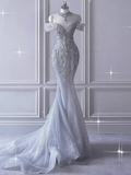 Niulatu Mermaid Off The Shoulder Long Sequin Beads Wedding Dresses HZ1110