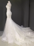 Niulatu Mermaid Strapless Lace White Floral Wedding Dresses HZ1110