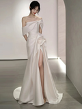 Niulatu Mermaid Short Sleeves White Off The Shoulder Slit Wedding Dress HZ1110