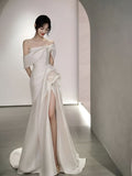 Niulatu Mermaid Short Sleeves White Off The Shoulder Slit Wedding Dress HZ1110