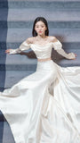 Niulatu Mermaid Long Sleeves White Off The Shoulder 2 Pieces Wedding Dress HZ1110