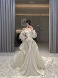 Niulatu Mermaid Off The Shoulder Satin White Long Lace Wedding Dresses Brides Gown HZ1110