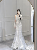 Niulatu Mermaid Scoop Neckline Sequin White Long Sleeves Wedding Dresses Brides Gown HZ1110