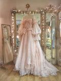 Niulatu A line Off The Shoulder Long Sleeves Pink Tulle Wedding Dress HZ1110