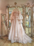 Niulatu A line Off The Shoulder Long Sleeves Pink Tulle Wedding Dress HZ1110