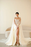 Niulatu Sheath Strapless Long Sleeves White Tulle Wedding Dress With Gloves HZ1110