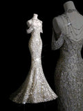 Niulatu Mermaid High Neckline Sequin Silver Wedding Dress With Beads HZ1110