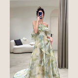 Niulatu A Line Halter Chiffon Ombre Green Long Prom Dresses Evening Party Dress HZ1110