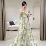 Niulatu A Line Halter Chiffon Ombre Green Long Prom Dresses Evening Party Dress HZ1110