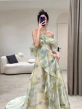 Niulatu A Line Halter Chiffon Ombre Green Long Prom Dresses Evening Party Dress HZ1110
