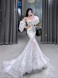 Niulatu Mermaid Strapless Lace White Wedding Dress With Sleeves HZ1110