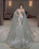 Niulatu Mermaid Sweetheart Lace Sequin Long Wedding Dress With Cape HZ1110