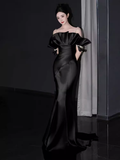 Niulatu Mermaid Straps Black Satin Long Prom Dresses HZ1110