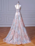 Niulatu A line High Neckline Sequin Long Evening Dress Beading Prom Dress HZ1110