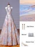 Niulatu A line High Neckline Sequin Long Evening Dress Beading Prom Dress HZ1110