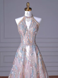 Niulatu A line High Neckline Sequin Long Evening Dress Beading Prom Dress HZ1110